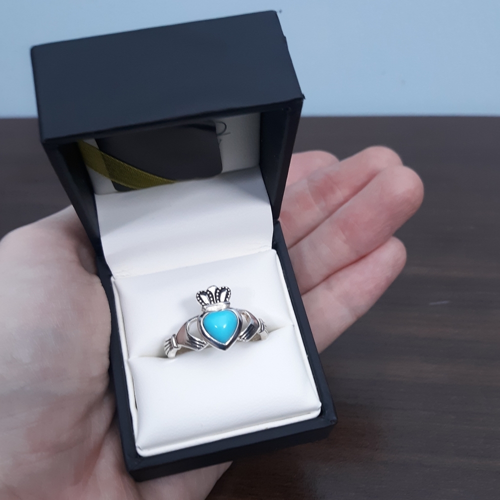 Sz 9 JMH Ireland Claddagh Ring Sterling Silver Sleeping Beauty Turquoise Heart - Picture 3 of 16